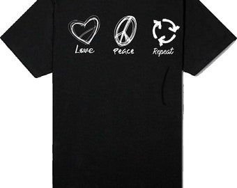 Women's Lady's Black Short Sleeve T-Shirt Love Peace Repeat Tee S M L XL