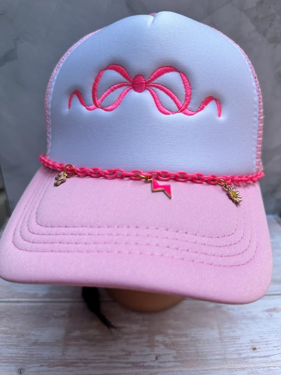 Women’s Custom Made Pink Bow & Teddy Trucker Hat Light Pink/Bow Trucker Hat - Texas Transfers and Designs main image 2