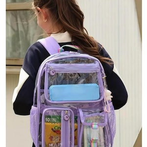 Clear Backpack Purple Trim, Personalization Name Strap, Large Back to School Bag,  Custom Embroidered Gift, School Bag, Girls Backpack