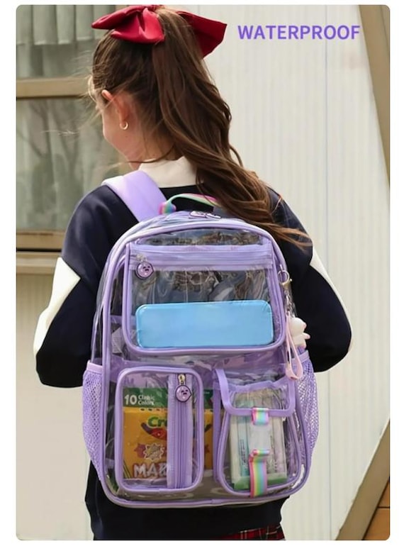 Clear Backpack Purple Trim, Personalization Name Strap, Large Back
