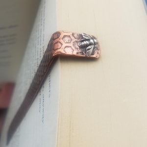 Handmade Copper Bookmark: Sterling Silver Bee, Honeycomb Texture