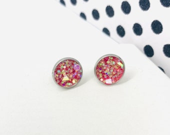 Pink Multi Chunk Glitter Stud Earrings , Glitter Pink Studs, Glitter chunk and Pink 12mm Earrings, Stud Post Earrings