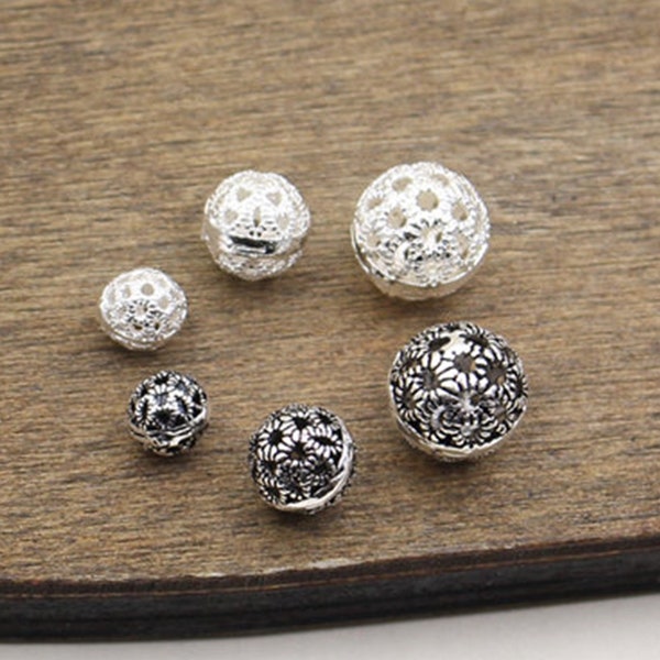 925 Sterling Silverl Round Spacer Beads, Thai Silver ball beads, Hollow Round Beads,Gold Plated Beads for Jewelry Making (PJ29)