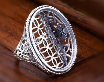 Vintage Silver Ring Blank: Adjustable Oval Setting (22x29mm)