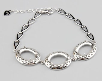 Bracelet Blank 10x14mm Sterling Silver White Gold Plated Adjustable Oval Bracelet Setting (SZ18)