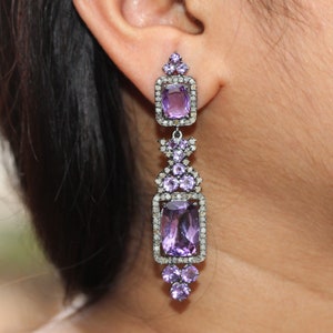 Dangle Genuine Pave Diamond African Amethyst Earrings Solid 925 Sterling Silver Handmade Wedding Jewelry Gifts for Women/'s