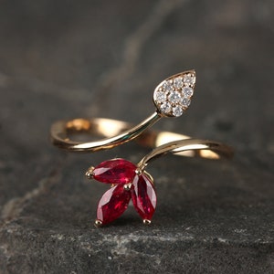 Certified Genuine Pave Diamond Floral Designed Handmade Ruby Gemstone Solid 18k Yellow Gold Ring Bridal Jewelry Wedding Gift For Woman's