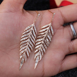 Genuine Baguette Cut Diamond Feather 18k Rose Gold Earrings Handmade Fine Wedding Jewelry Christmas Day Gift For Her