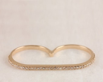 Double Finger Diamond 18k Yellow Gold Bridal Ring Special Fine Jewelry Christmas Day, B'Day Gift For Her