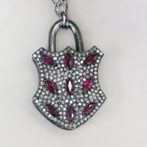 Sterling Silver Engravable Lock Necklace with Gemstone and Ruby