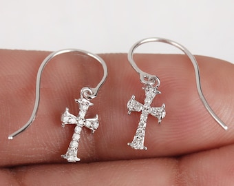 Genuine SGL Certified Pave Diamond Dangle French Hook Earrings Solid 14k White Gold Fine Jewelry Cross Earrings Wedding Gift For Her