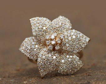 Bouquet Floral Ring, Diamant Inspiriert Ring Solide 14k Gelb Gold Fein SGL Zertifiziert Schmuck Weihnachtstag Geschenk Für Sie