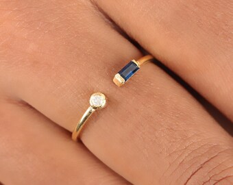 14K Gold Cuff Ring: Baguette Sapphire & Diamond, Handmade Jewelry