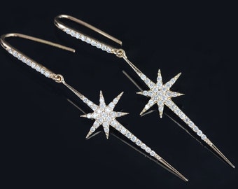 SGL..! Special Diamond Starburst Beautiful Dangle Hook Earrings Solid 18k Yellow Fine Gold Handmade Jewelry Christmas Day Gifts