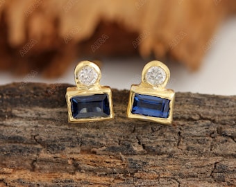 Genuine Blue Sapphire Diamond Dainty Stud Earrings Solid 14k/18k Gold 925 Sterling Silver Handmade Minimalist Fine Jewelry