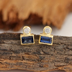 Genuine Blue Sapphire Diamond Dainty Stud Earrings Solid 14k/18k Gold 925 Sterling Silver Handmade Minimalist Fine Jewelry