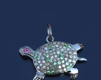 Ruby Eyes Genuine Pave Diamond Tsavorite Turtle Pendant 925 Sterling Silver Gemstone Animal Jewelry Birthday, Wedding Gift For Her