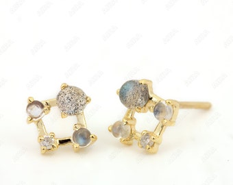 925 Sterling Silver Genuine 0.51 Ct Labradorite & Rainbow Moonstone Diamond Designer Stud Earring Solid 14k/18k Yellow Gold Handmade Jewelry