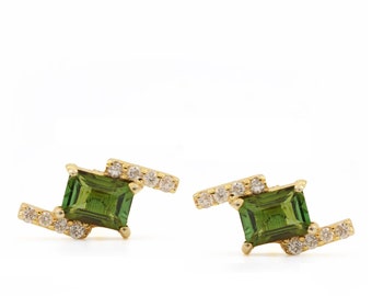 Christmas Gift For Lover Natural 0.45 Ct Green Tourmaline & Diamond Tiny Daily Wear Stud Earrings Handmade Wedding Minimalist Jewelry