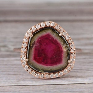 Watermelon Tourmaline Ring Certified Pave Diamond Solid 14K Rose Gold Summer Fine Jewelry Christmas Gift For Her