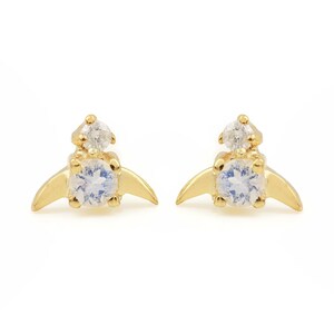 Solid 14K Yellow Gold Natural Rainbow Moonstone Diamond Delicate Dainty Mini Stud Earrings Handmade Jewelry Valentine&#39;s Day Gift For Lover