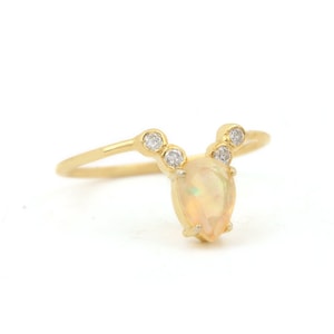 Genuine Ethiopian Opal Gemstone Real Diamond Dainty Delicate Ring 14k Solid Gold Handmade Minimalist Fine Jewelry