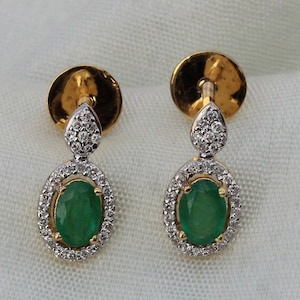 Genuine Certified Pave Diamond Emerald Stud Earrings Solid 18k Yellow Gold Handmade Jewelry Fine Jewelry Wedding, Birthday Gift For Her