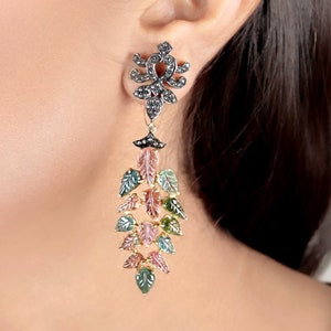 Pave Diamond Gemstone Birds Carving Dangle Earrings 14k Yellow Gold 925 Sterling Silver Wedding Handmade Carved Jewelry Christmas Gift