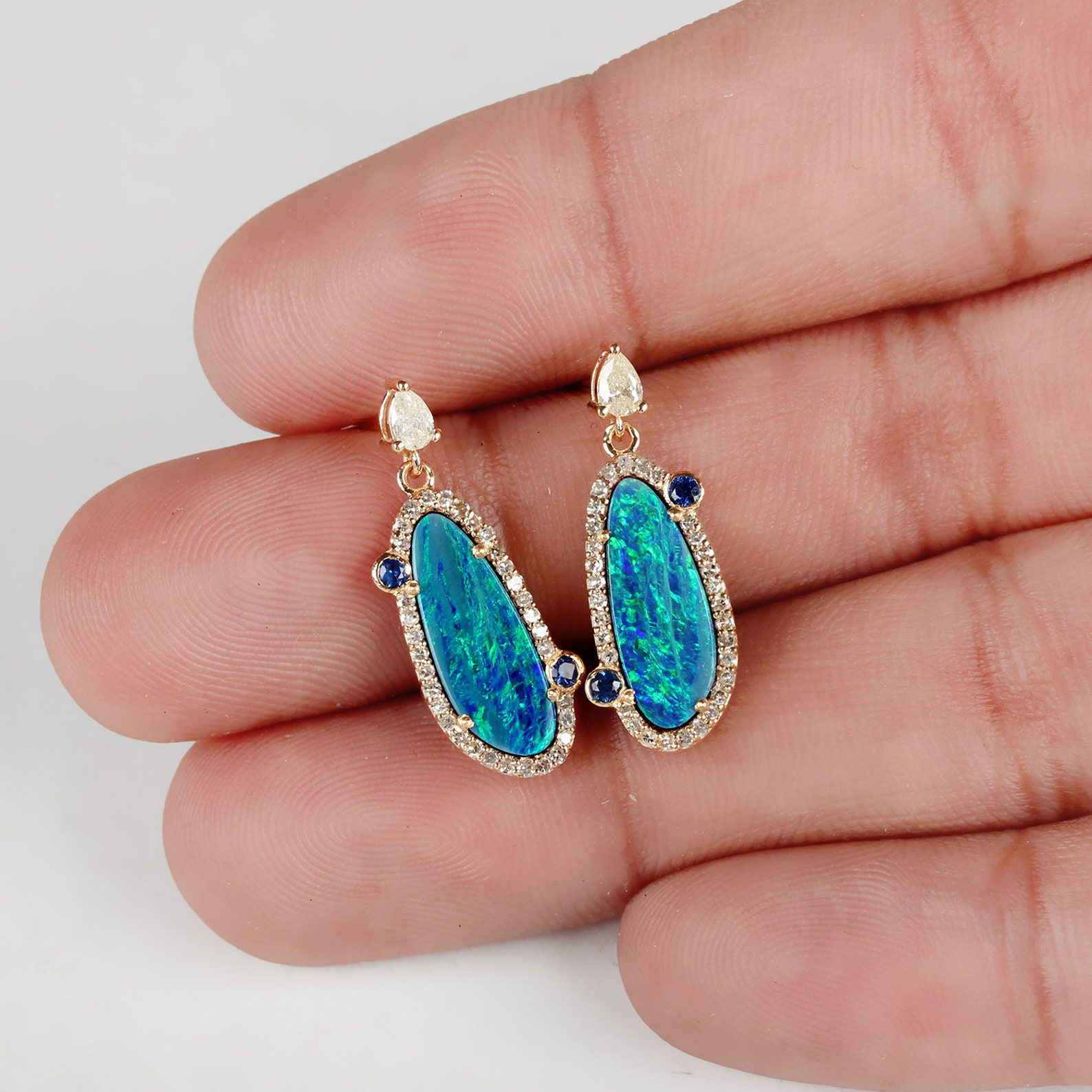 Genuine Pave Diamond Blue Sapphire Gemstone Blue Opal Earrings | Etsy