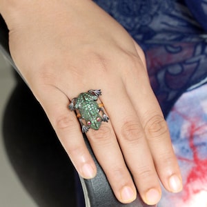 Tsavorite Frog Ring: Ruby Eyes, 14k Gold & Sterling Silver
