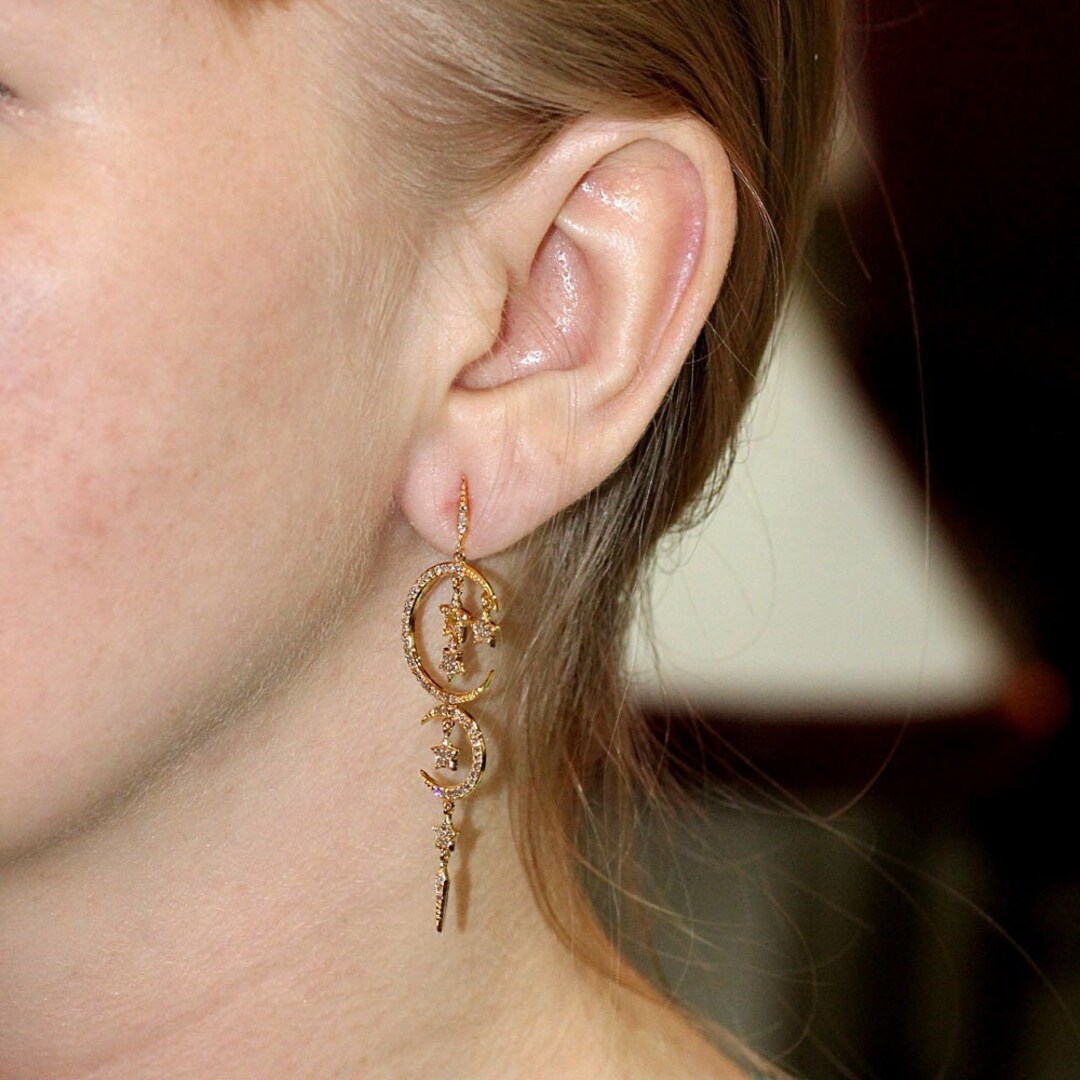 18k Gold Pave Diamond Crescent Moon & Stars Dangle Earrings - Etsy