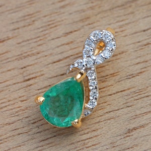 Natural Emerald Pave Diamond Gold Pendant, 18k Yellow Gold Gemstone Pendant, Handmade Pendant, Fine Jewelry Christmas Gift For Her