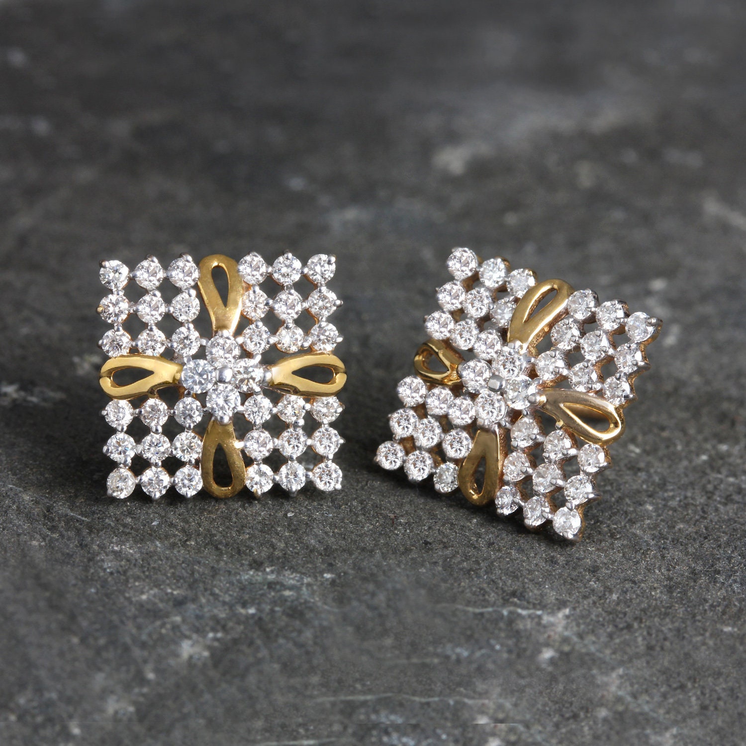 Square Shaped Diamond Stud Earrings Designer Solid Pave 14K Etsy