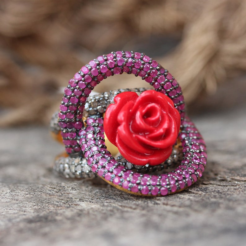 Ruby Gemstone Red Coral Carving Flower Ring 925 Silver Pave Diamond Jewelry Floral Ring Anniversary Gift For Her Flower Shaped Ring
