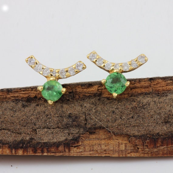 Natural Tsavorite Gemstone-pave Diamond Delicate Dainty Solitaire Stud  Earrings Handmade Minimalist Fine Jewelry Wedding Gift for Her - Etsy