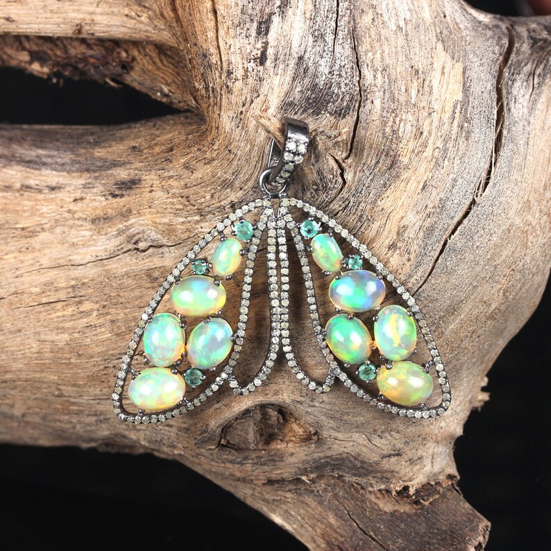 Genuine 1.29 Ct Opal /& Emerald Gemstone Pendant 925 Sterling Silver Butterfly Shape Pendant Necklace Handmade Fine Jewelry