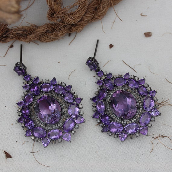 Dangle Genuine Pave Diamond African Amethyst Earrings Solid 925 Sterling Silver Handmade Wedding Jewelry Gifts for Women/'s