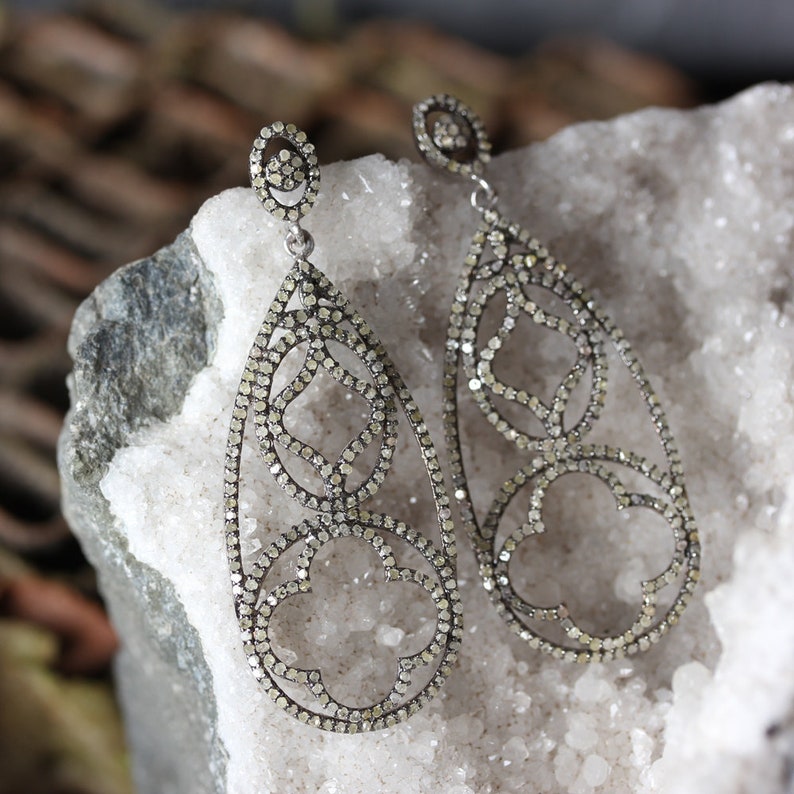 Designer Pave Diamond Dangle Earrings Pave Diamond Handmade Jewelry Silver Earrings 925 Sterling Silver Earrings Diamond Earrings