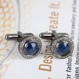 Genuine 4.73 Ct Blue Sapphire Cuff links Solid 925 Sterling Silver Pave Diamond Men&#39;s Fashion Jewelry Wedding Gift For Woman&#39;s