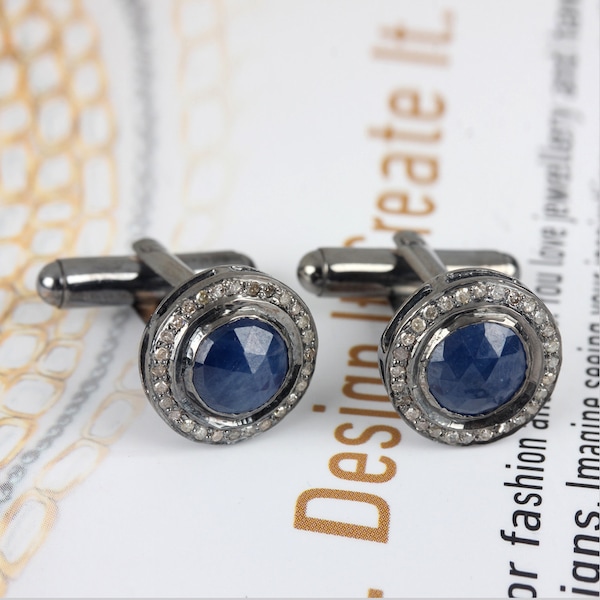 Genuine 4.73 Ct Blue Sapphire Cuff links Solid 925 Sterling Silver Pave Diamond Men's Fashion Jewelry Wedding Gift For Woman's