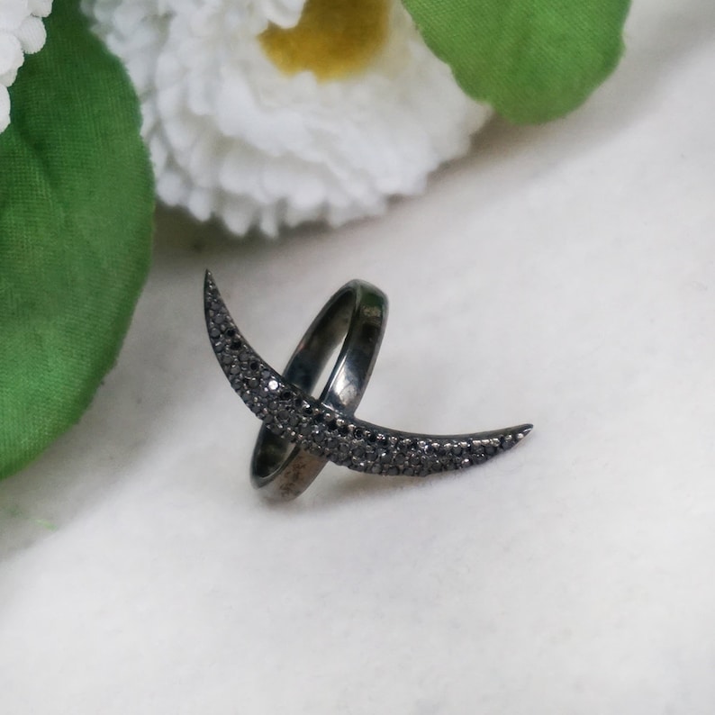 GIFTS FOR HER Wedding Jewelry Natural 0.44 Ct Black Diamond Crescent Moon Ring 925 Sterling Silver Handmade Jewelry Moon Shaped Ring
