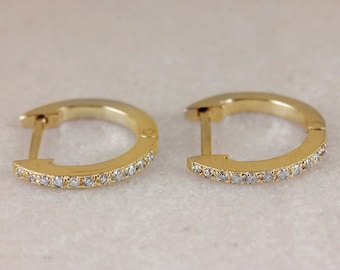 14k Yellow Gold Diamond Huggie Hoop Earrings Handmade Fine Jewelry Wedding, Christmas Day Gift For Her