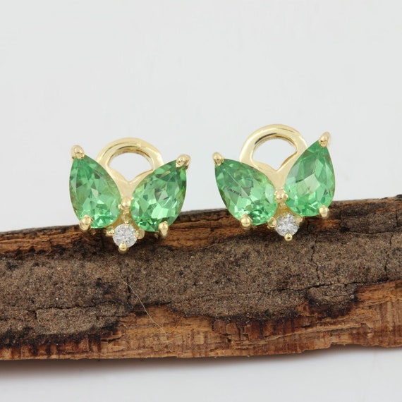 Natural Tsavorite Gemstone & Pave Diamond Delicate Dainty Solitaire Stud  Earrings Handmade Minimalist Fine Jewelry Easter Gift for Her - Etsy