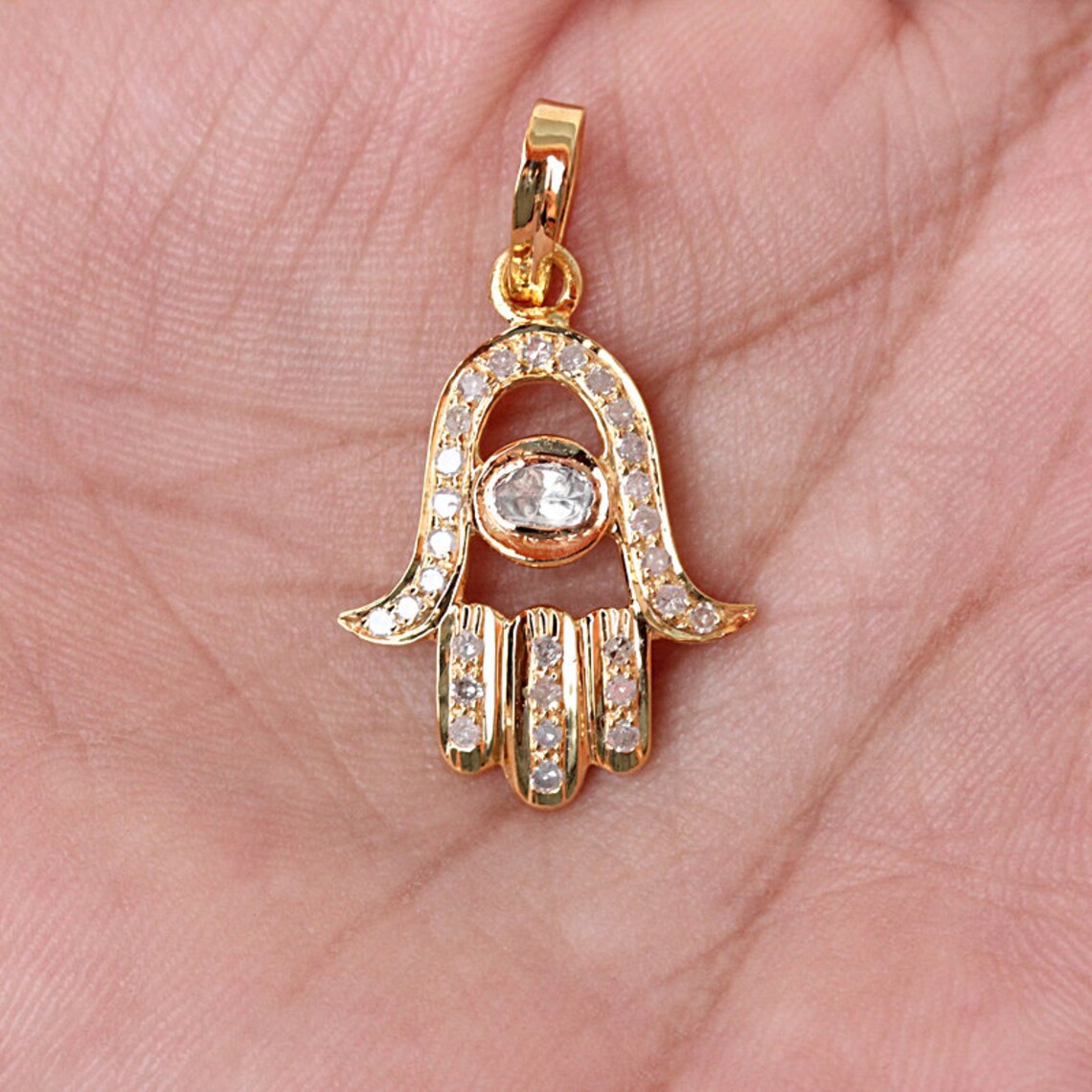 Natural 0.55 Ct Pave Diamond Hamsa Pendant 14k Solid Yellow Etsy
