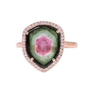 Watermelon Tourmaline Ring Certified Pave Diamond Solid 14K Rose Gold Summer Fine Jewelry Christmas Gift For Her