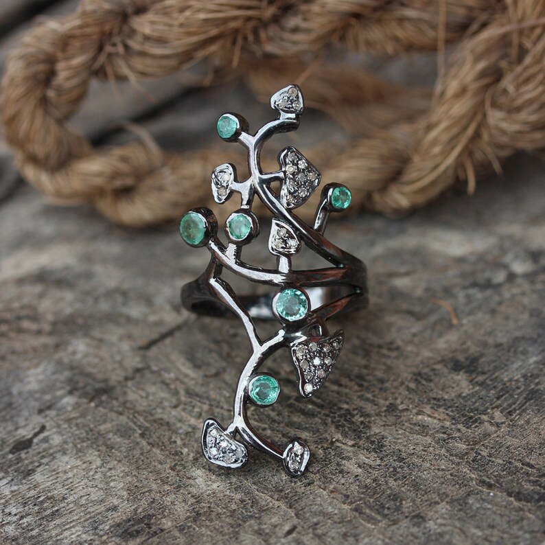 Natural Pave Diamond Emerald Leaves Design Statement Ring Solid 925 Sterling Silver Handmade Jewelry Friendship DayValentine/'s Day Gift