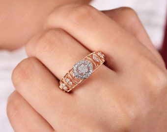 Stunning Natural Diamond Ring Size 7, 14k Yellow Gold Statement Ring For Her, Brilliant Cut Diamond Unique Ring For Engagement Valentine