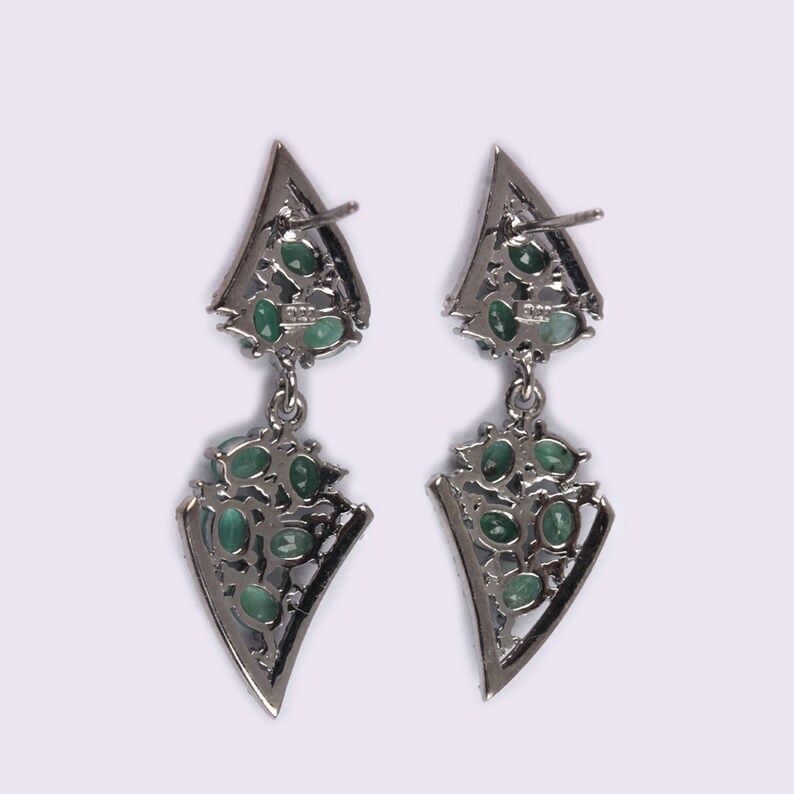 Unique Design Solid 925 Sterling Silver Gemstone Emerald Dangle Earrings Pave Diamond Jewelry Christmas Gifts