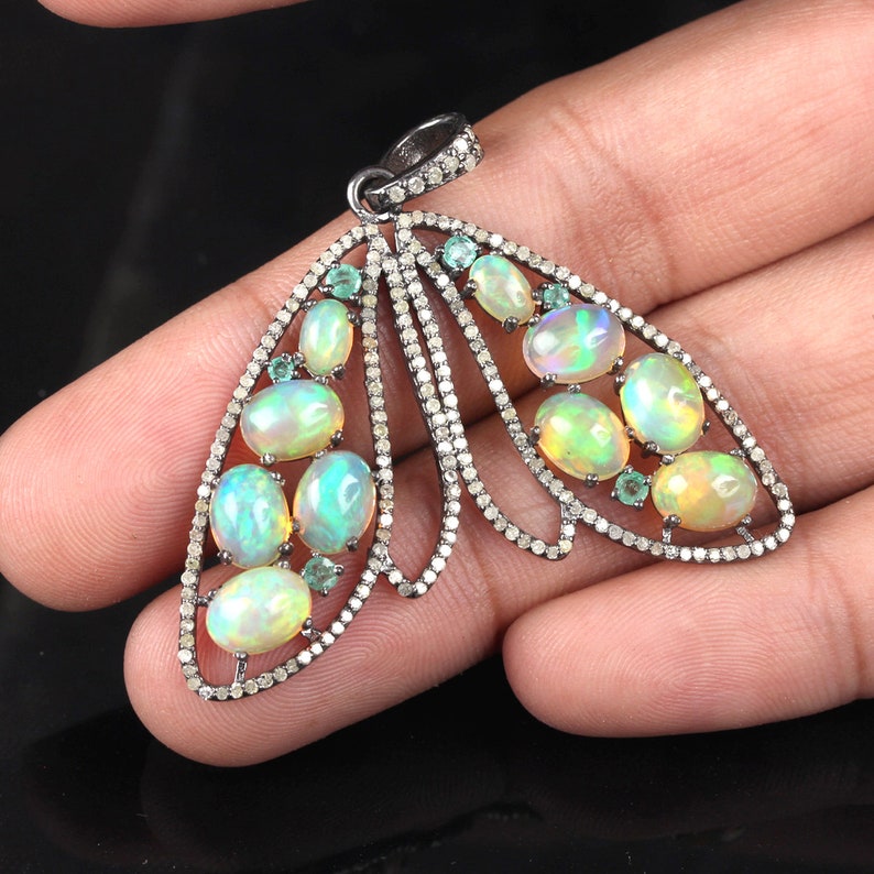 Genuine 1.29 Ct Opal /& Emerald Gemstone Pendant 925 Sterling Silver Butterfly Shape Pendant Necklace Handmade Fine Jewelry