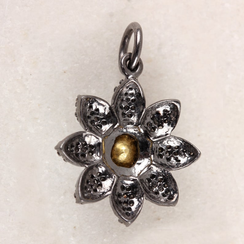 Natural 0.34 Ct Polki Diamond Pave Flower Charm Pendant Solid 925 Sterling Silver Handmade Jewelry Floral Pendant Christmas Gifts